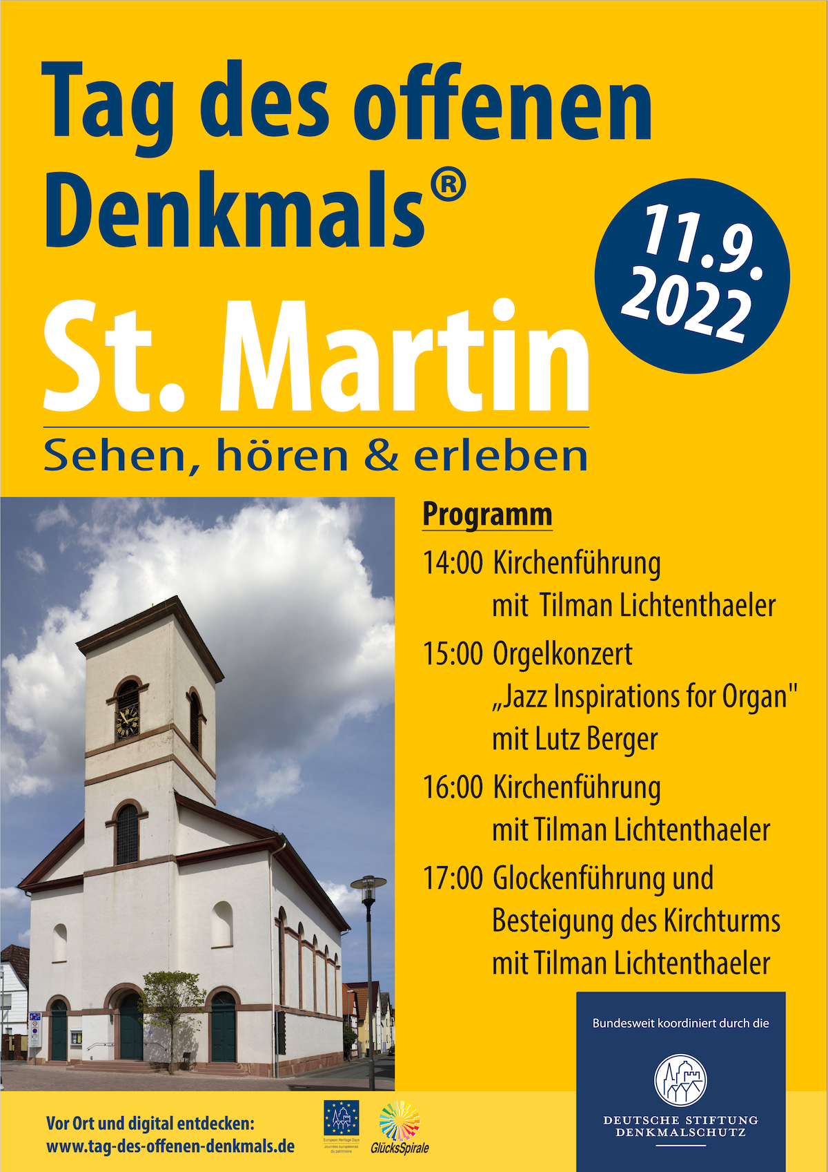 Plakat zum Tag des offenen Denkmals mit einem Bild der St. Martinskirche und dem Programm 
